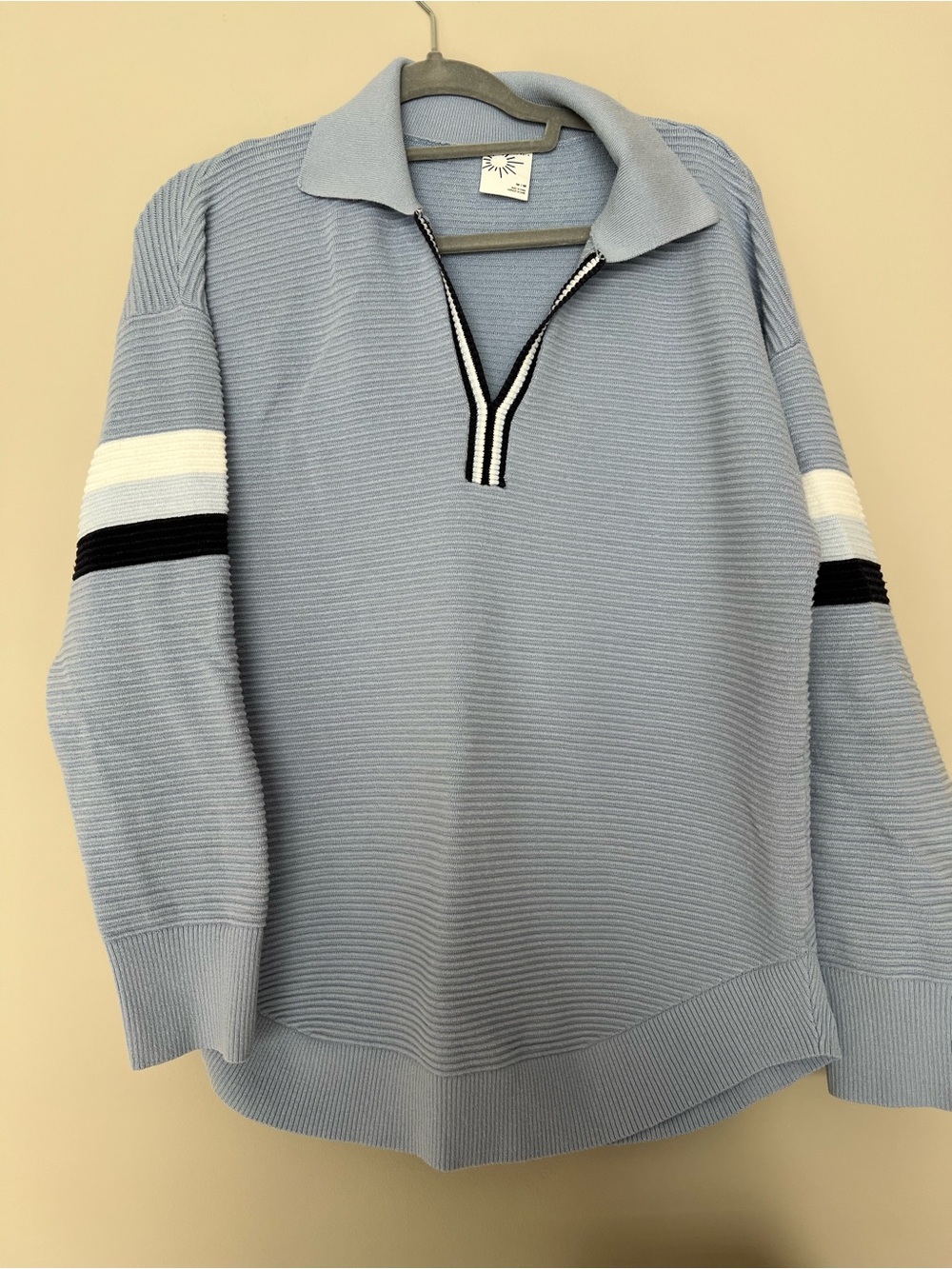 aerie Light Blue Zip Polo Sweater with Black & White Sleeve Stripes